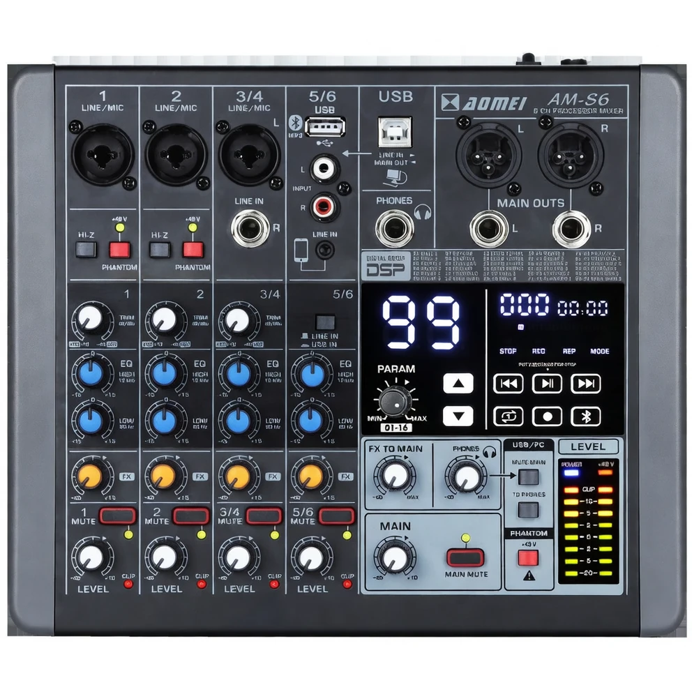 Harmonai S6 Professional Mixer | Bluetooth Playback · 24 DSP Effects · 48V Phantom Power