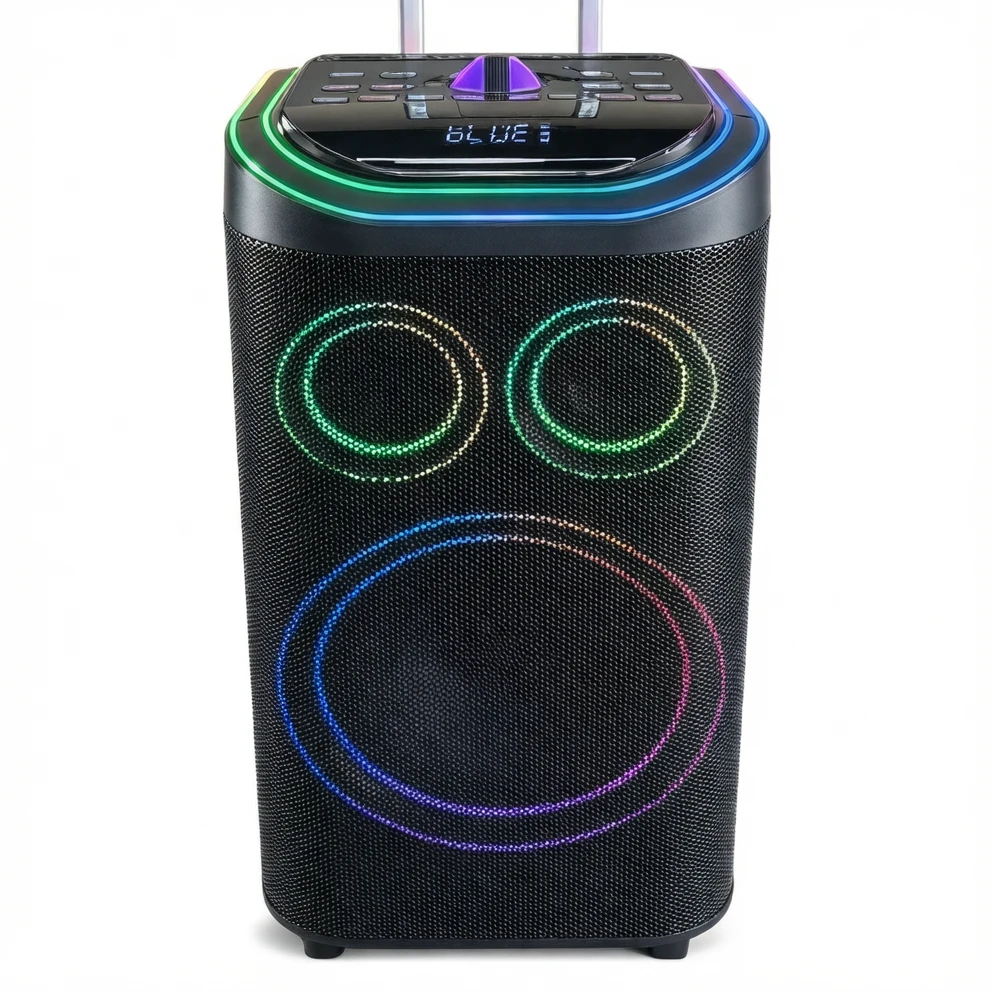 Front view of the Harmonai HJ-W1214 12-inch wireless Bluetooth portable speaker: black cabinet, top control panel, front speaker grille
